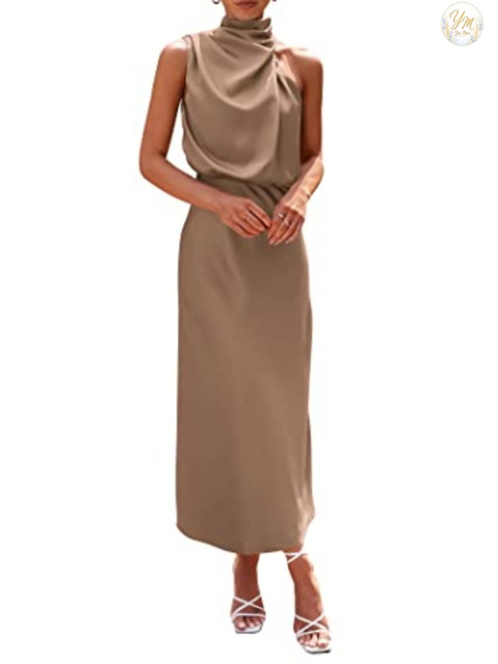 Satin Maxi Cocktail Dress Sleeveless Mock Neck Party Formal